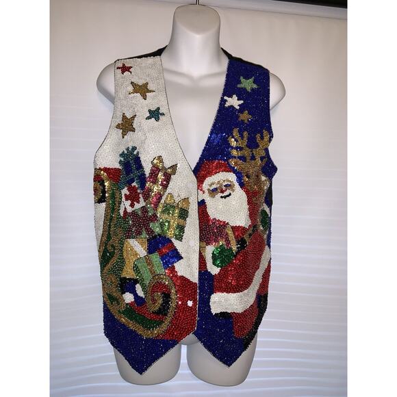 Ugly Christmas Sweater Jackets & Blazers - Ugly Christmas Sweater Sequin Vest Vintage 80s 90s